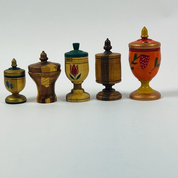 Unique 5 Wooden Handmade Urns 4" to 5 3/4" Tall some Signed - Picture 1 of 10